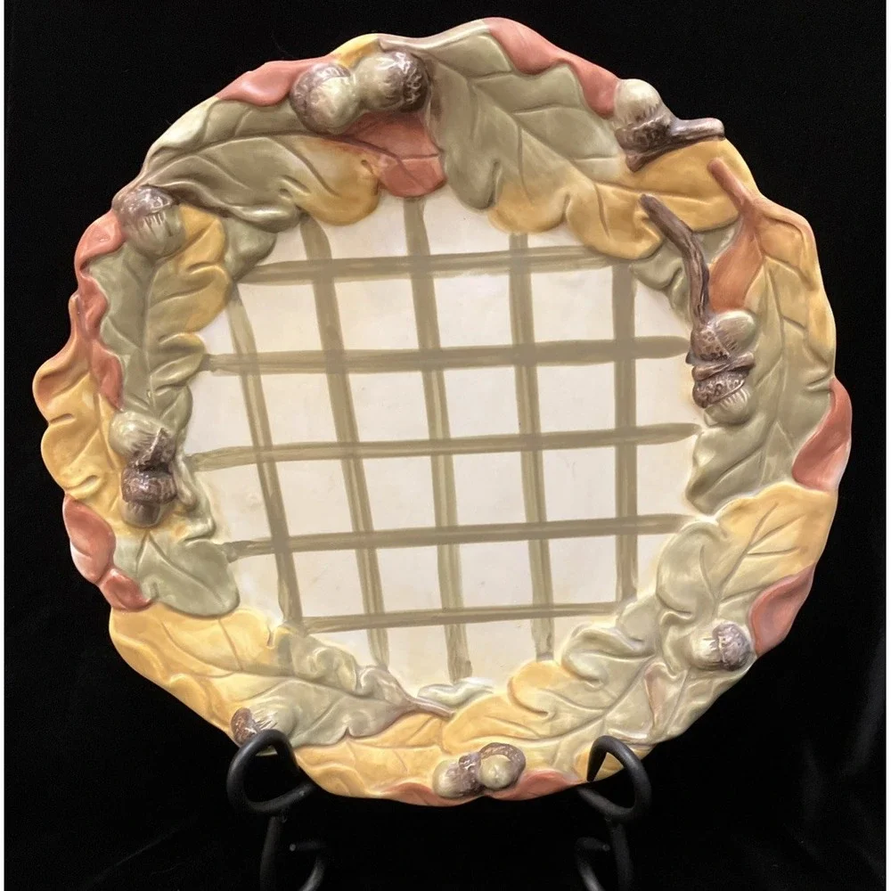 Silvestri Indigo Gate Pie Plate Leaf Acorn Fall Autumn Thanksgiving Grace 11”